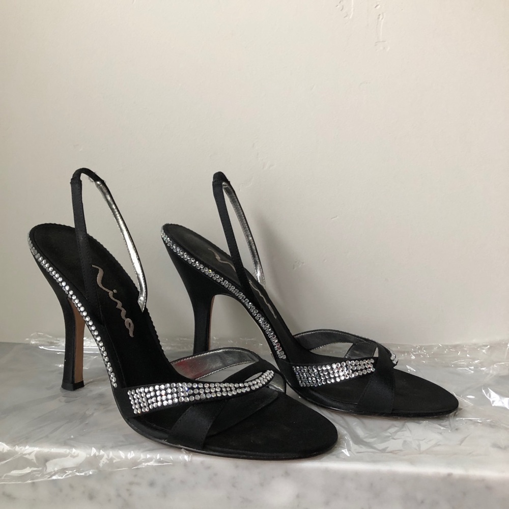 Nina Black Slingback, 4.5” Rhinestone Heels Size 9